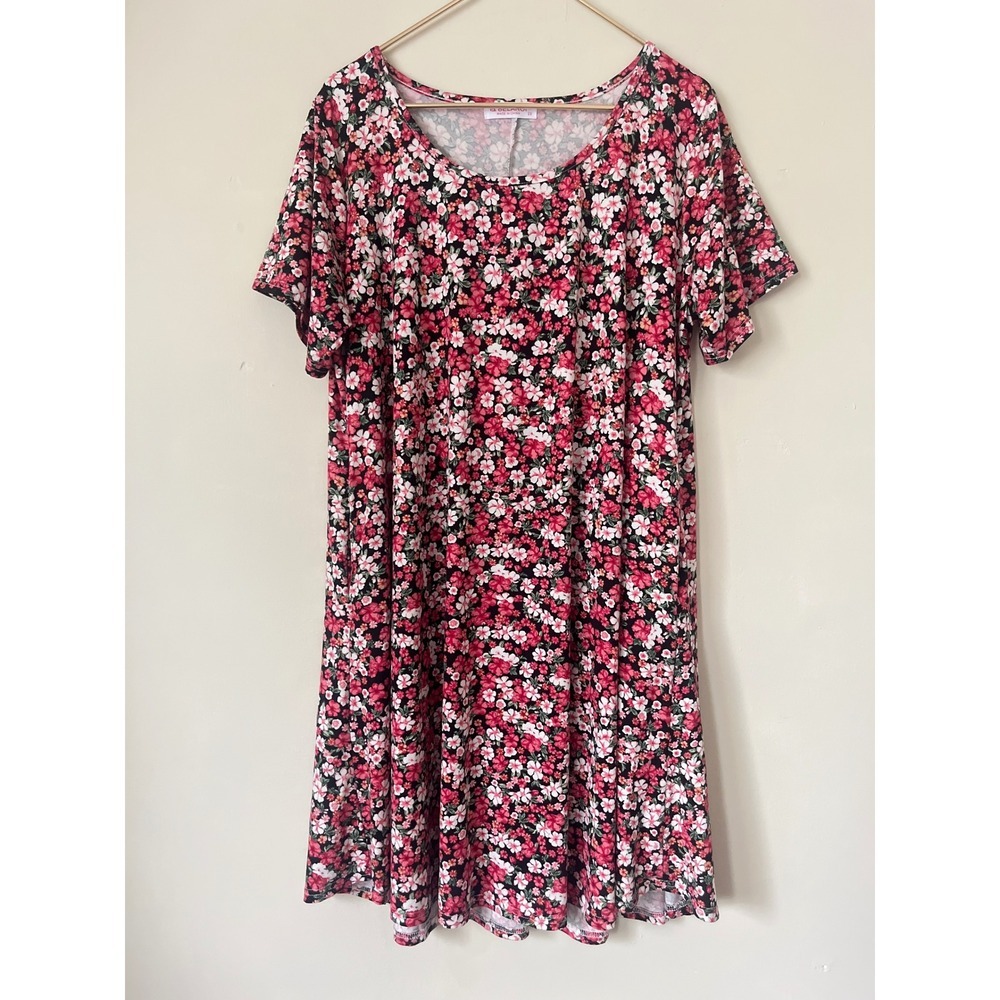 Belaroi Pink Floral Short Sleeve Swing Dress Plus Size 2X Cottagecore Pocketed